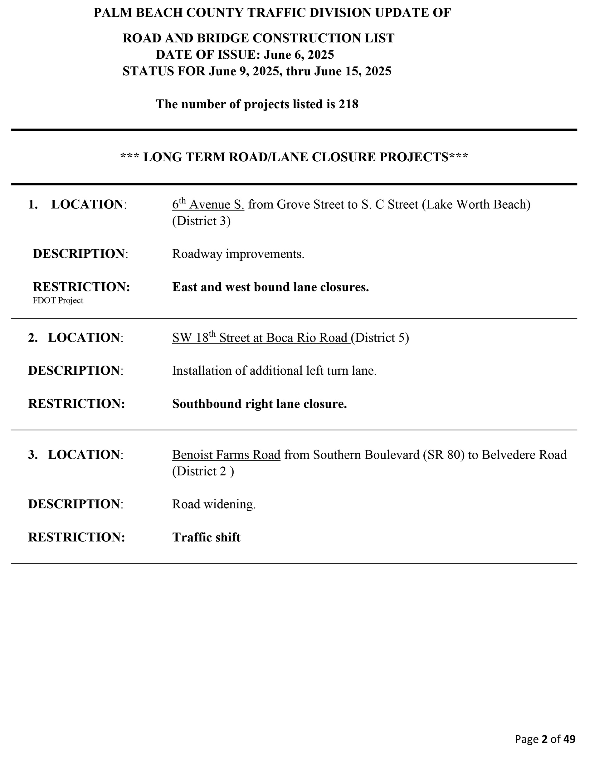 Road and Bridge Construction Report June 9-15