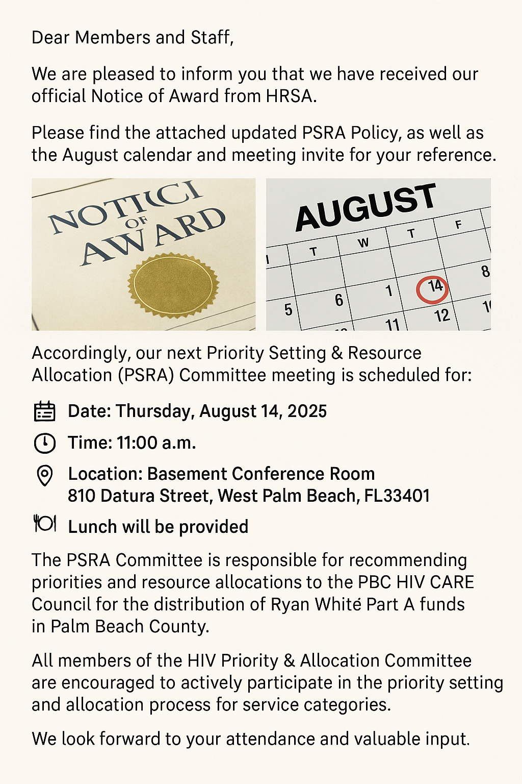 PSRA Committee Meeting Invitation