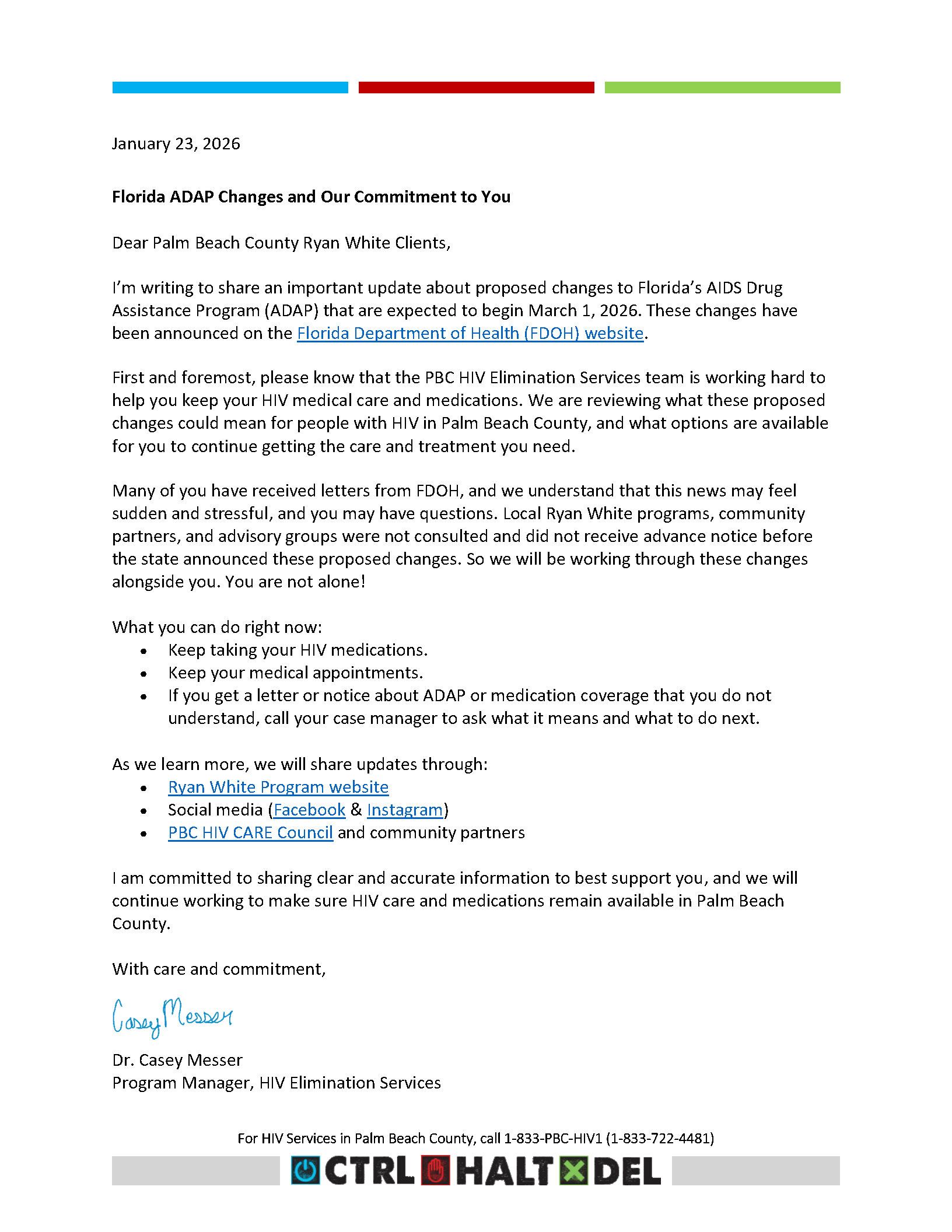 Letter from Dr. Messer regarding Florida ADAP changes. For a .pdf version of this letter please click the link below this image.