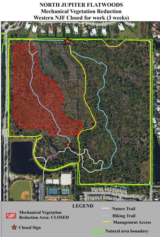 Aerial map highlighting trail closures and location of restoration work at North Jupiter Flatwoods Natural Area July 2025