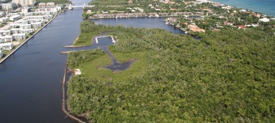 Picture taken from a helicopter of the boat basin at Ocean Ridge Natural Area