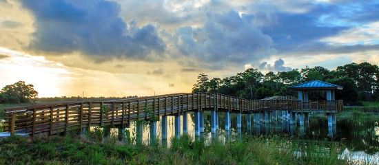 Picture of long accessible boardwalk over the restored wetland to a covered observation platform at Winding Waters Natural Area