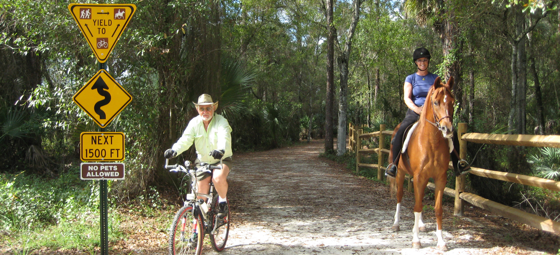 Cyclist and Equestrian on a multiuse trail