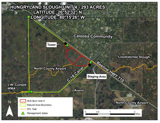 Aerial Map of Hungryland Slough Natural Area Showing Footprint of Prescribed Fire Operation for May 21, 2026 located northwest of the C-18 Canal, south of Beeline Highway, and east of North County Airport.