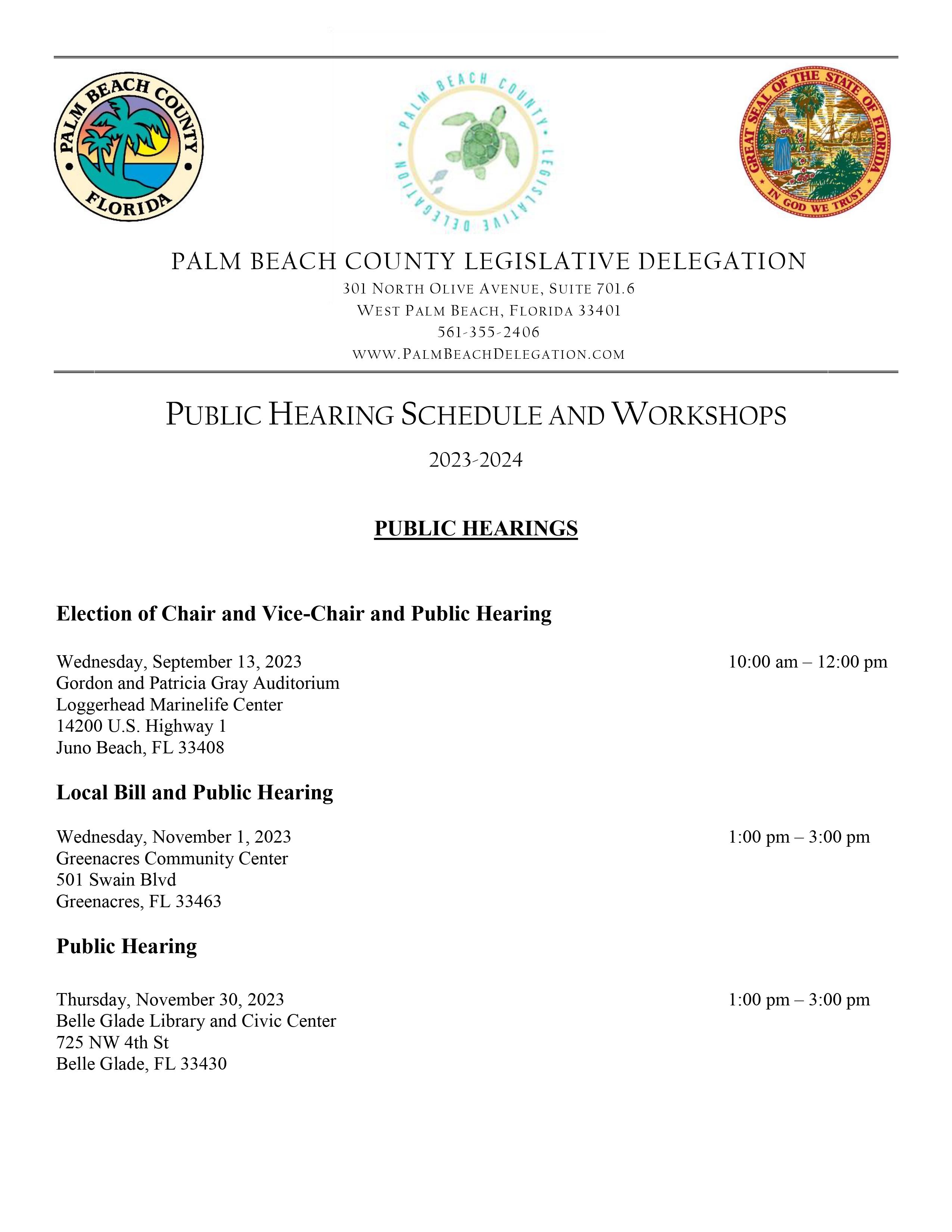 Page number 1 of the 2023-2024 Hearing and Workshop Schedule.