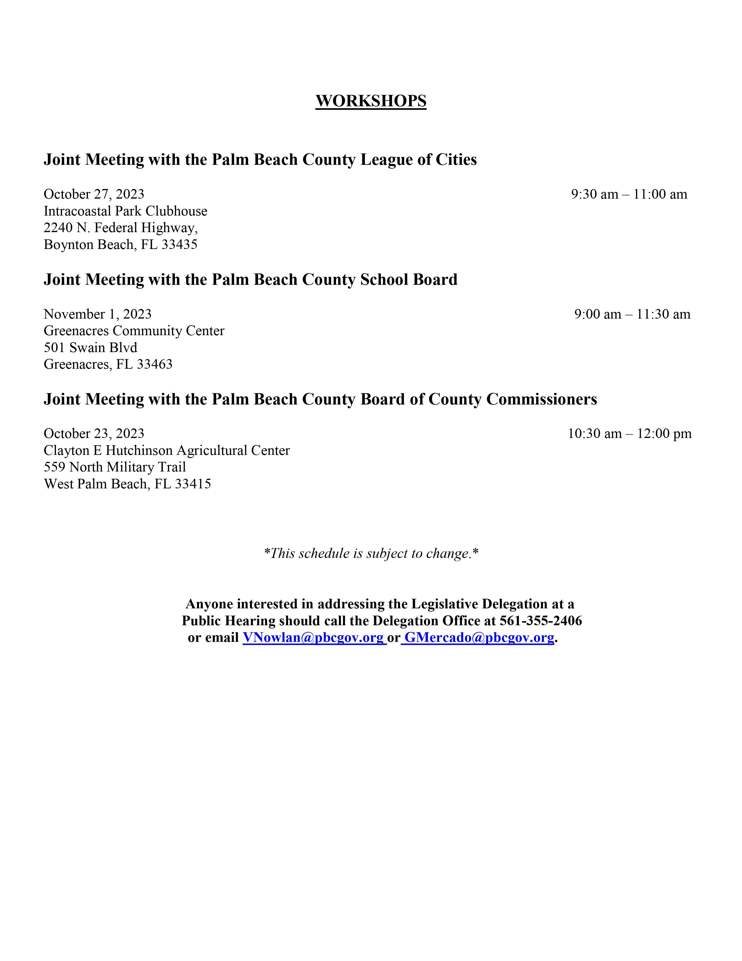 Page number 2 of the 2023-2024 Hearing and Workshop Schedule.