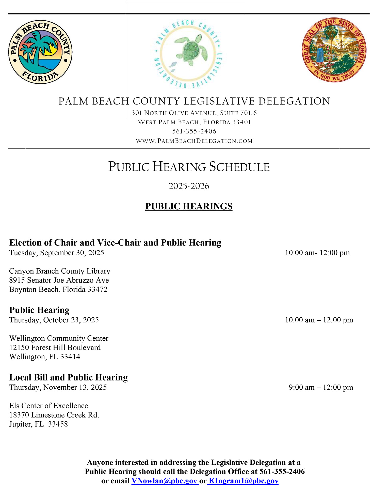 PBC Legislative Delegation Hearing and Workshop Schedule