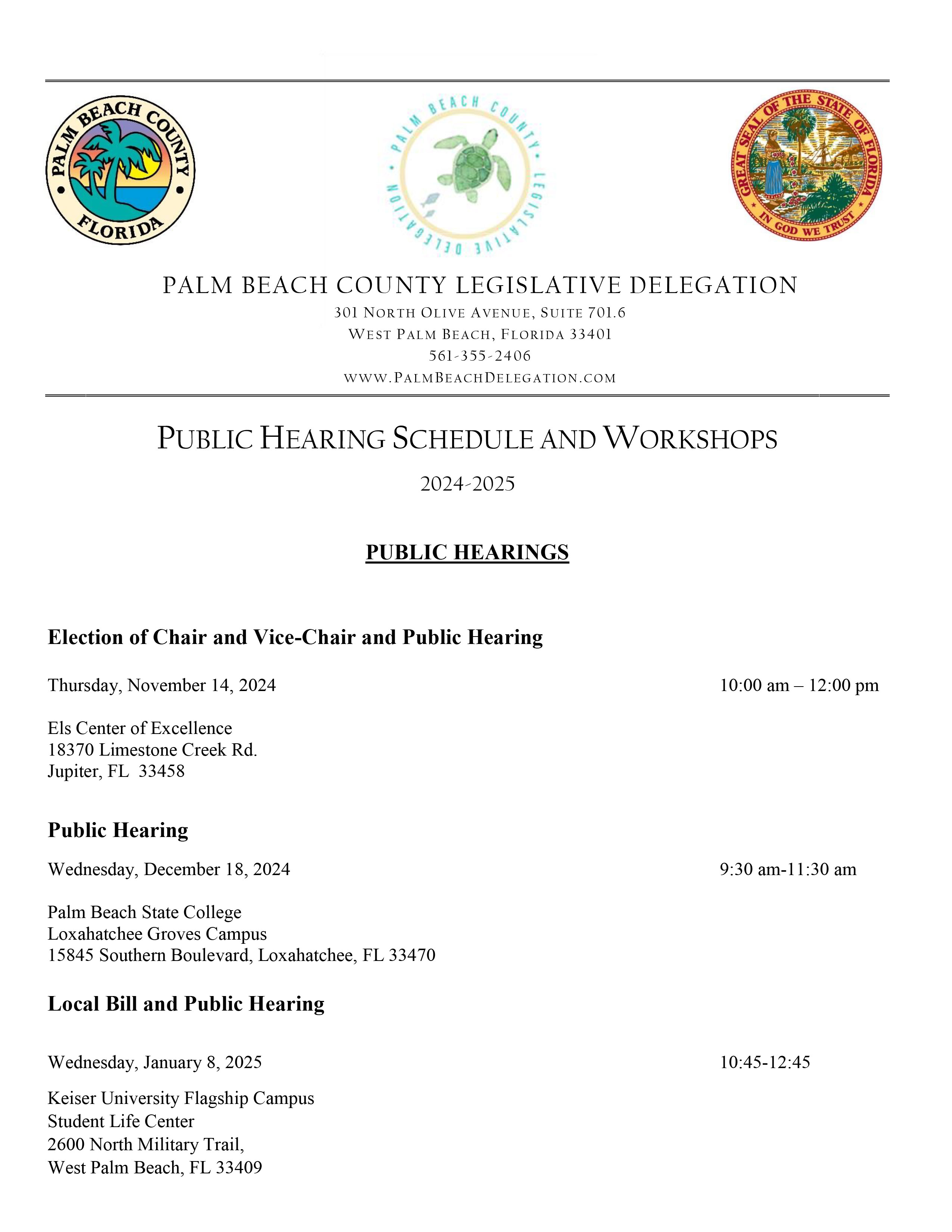 PBC Legislative Delegation Hearing and Workshop Schedule