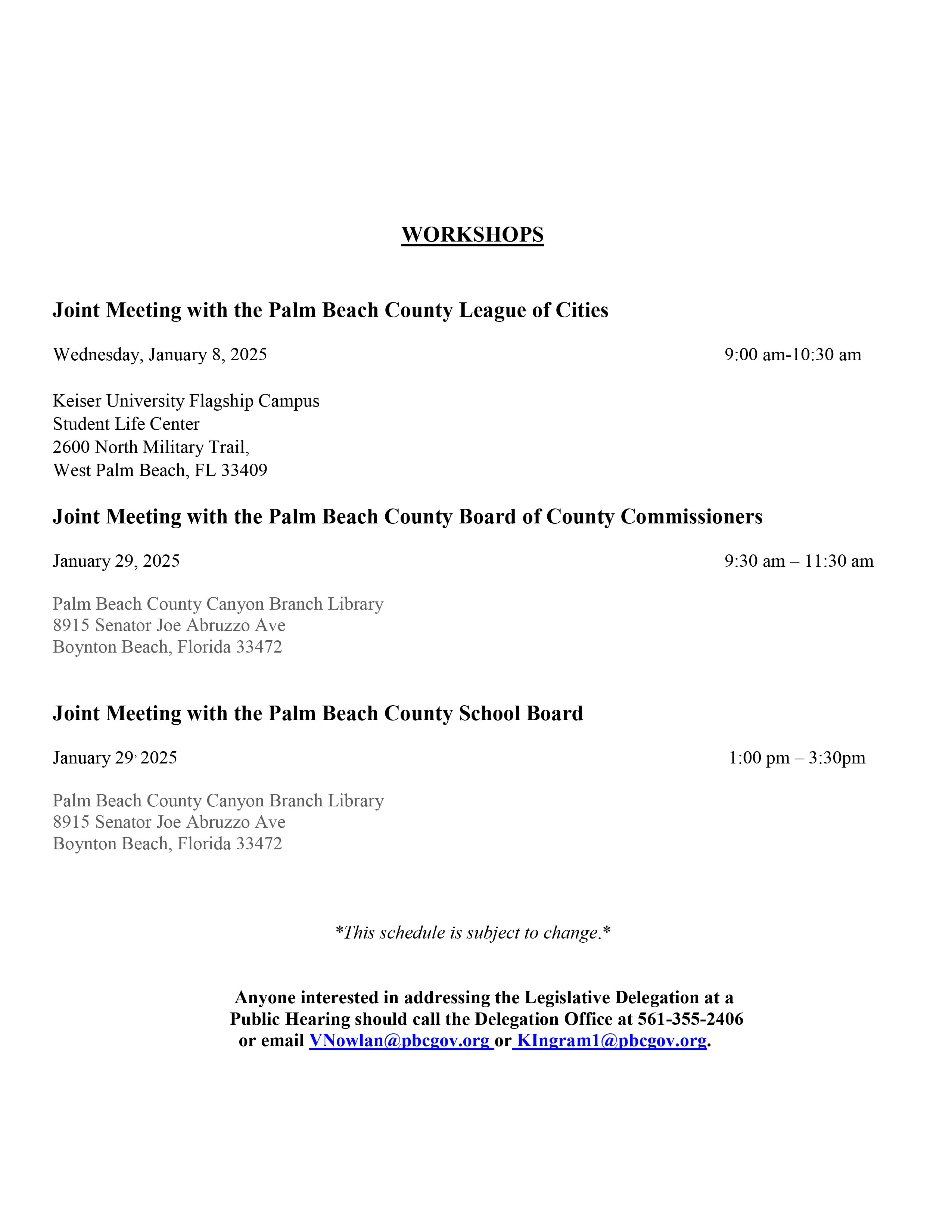 PBC Legislative Delegation Hearing and Workshop Schedule