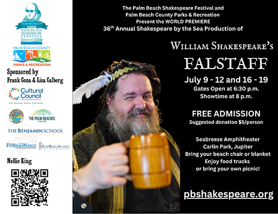 Promotional flyer for the World Premiere 36th Annual Shakespeare by the Sea production of William Shakespeare's Falstaff. 