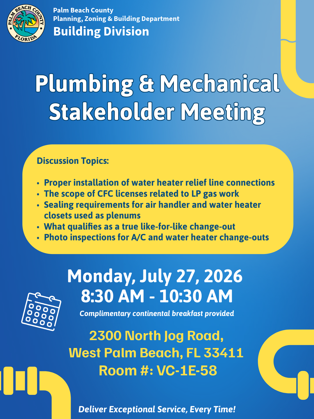 Flyer promoting the Plumbing & Mechanical Stakeholder Meeting on July 27, 2026, at 8:30 AM in West Palm Beach
