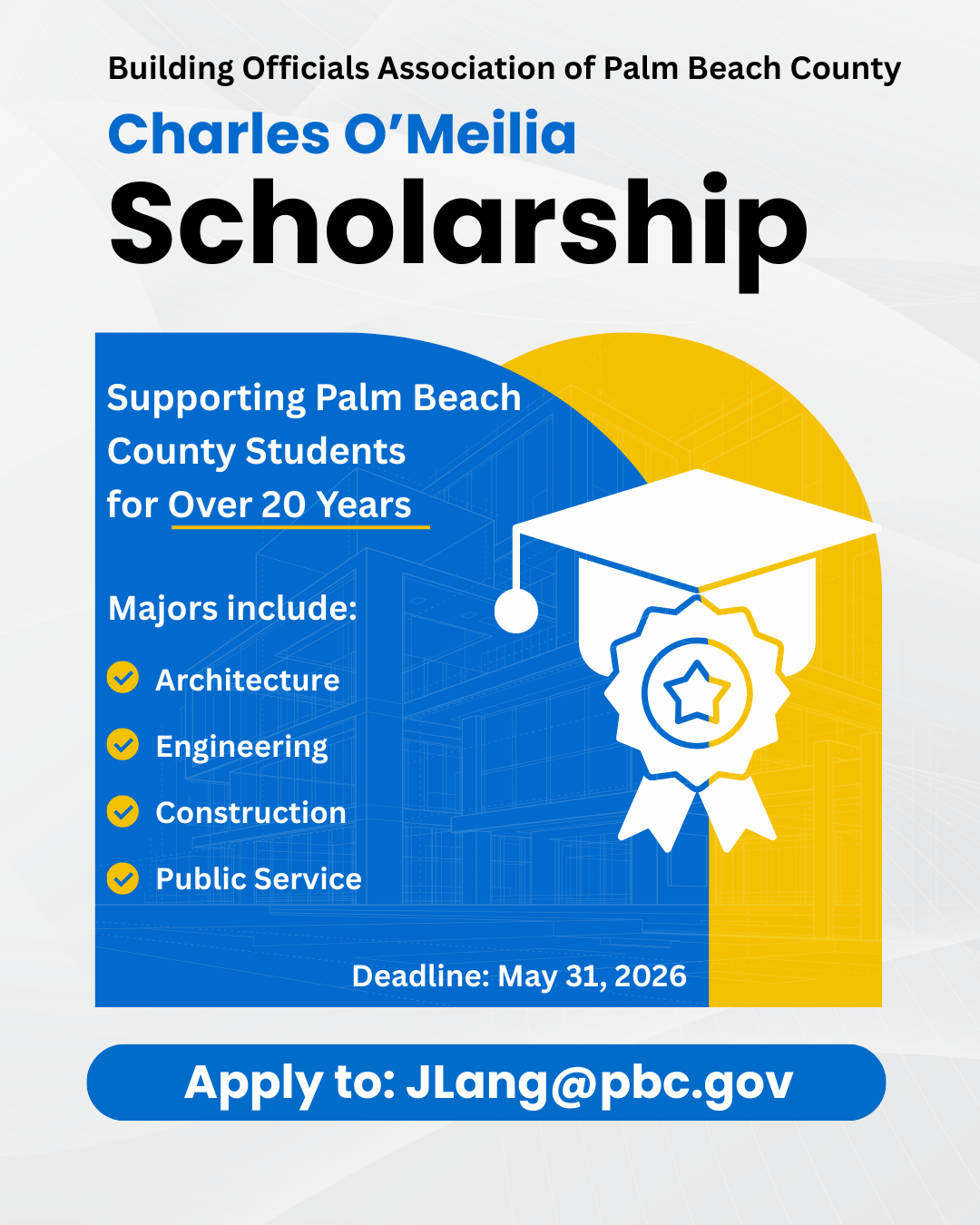 Charles O’Meilia Scholarship for Palm Beach County students. Deadline May 31, 2026.