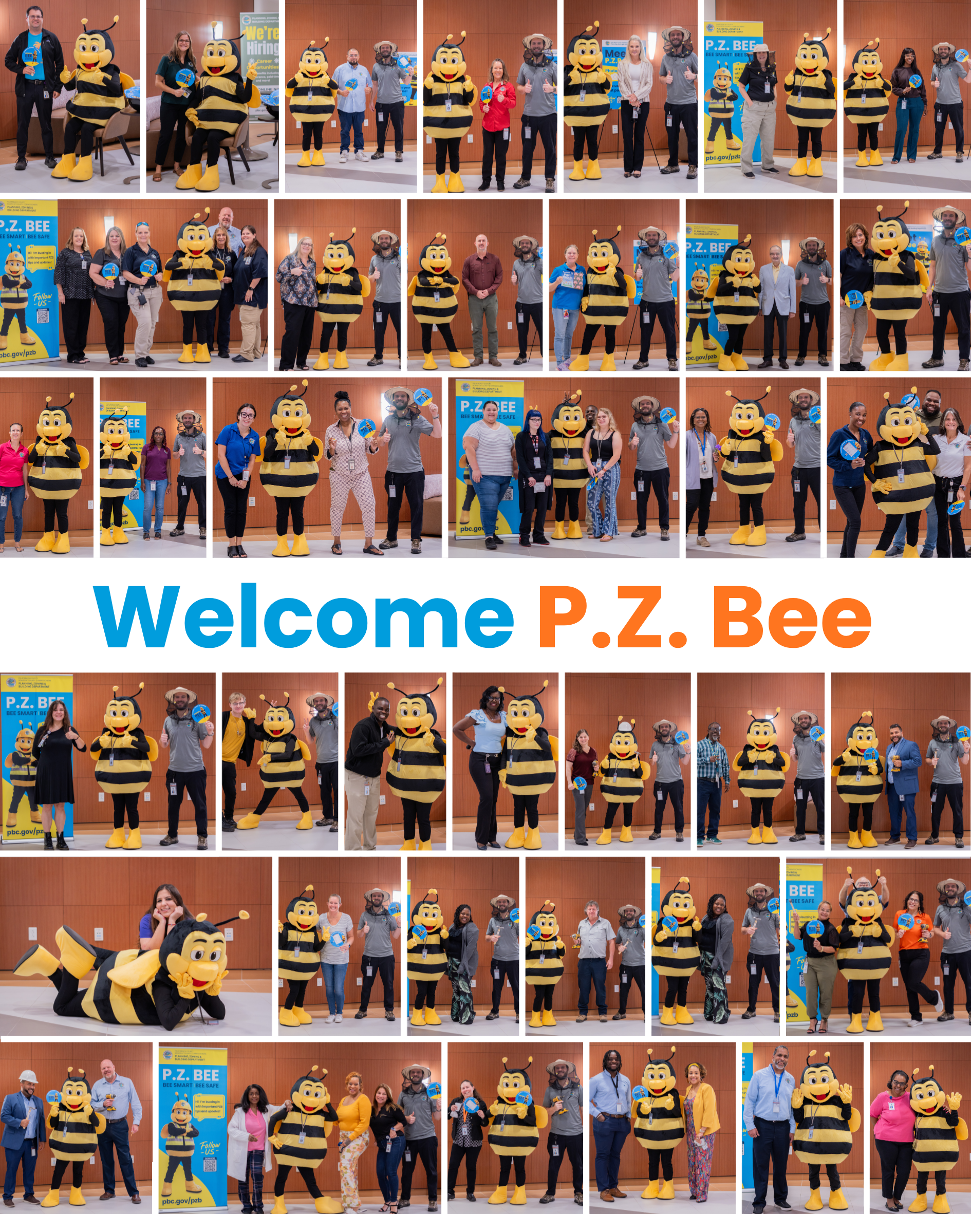 welcome pz beee, staff in bee suits