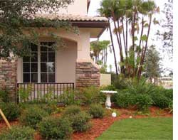A nicely manicured landscape with bushes and mulch